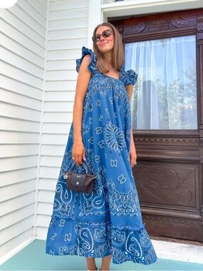 Blue Bandana-Print Maxi Dress with Ruffle Straps